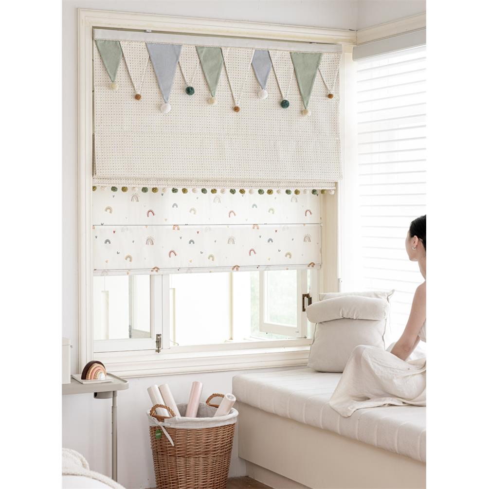 2025奶油多巴胺ins儿童房女孩男孩房罗马帘日夜帘飘窗升降窗帘