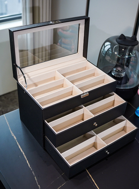 黑色PU皮质三层18位眼镜收纳盒带盖防尘透明天窗大容量墨镜展示箱