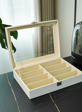 优雅高级感白色8位皮革眼镜盒 透明天窗玻璃盖眼镜展示盒多格收纳