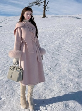 Layyyy【初雪告白】设计感千金风粉色双面羊毛大衣女毛毛袖口外套
