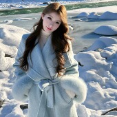 Layyyy 大衣外套 口可拆卸韩系双面羊毛大衣长款 蓝冰狸 狐狸毛袖