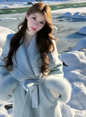 Layyyy【蓝冰狸】狐狸毛袖口可拆卸韩系双面羊毛大衣长款大衣外套