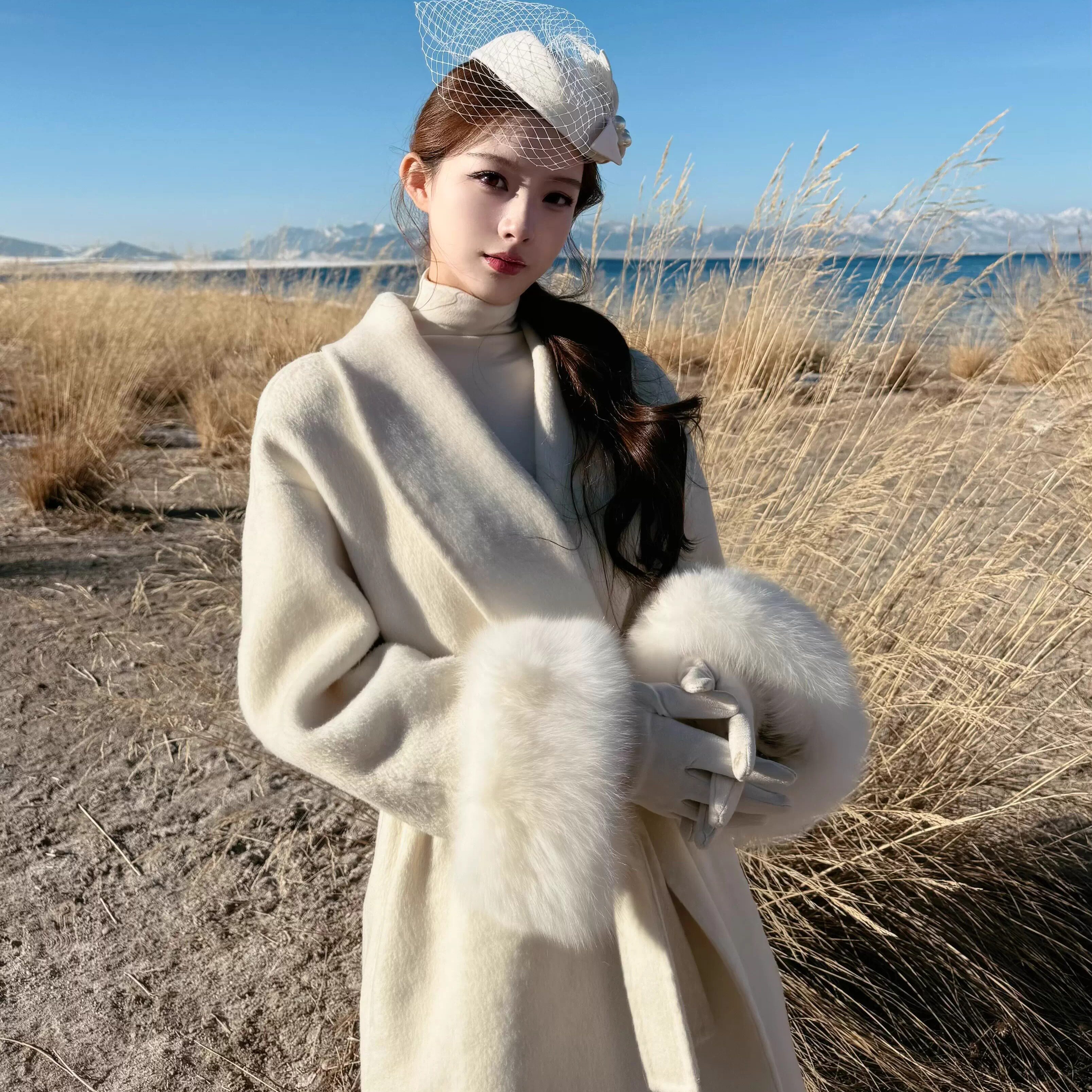 Layyyy【柔光雪山】白月光狐狸毛袖口双面羊绒大衣中长款毛呢外套