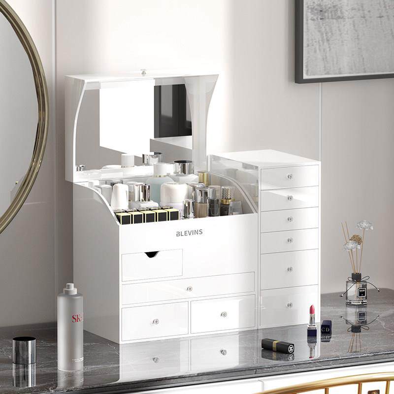 白色高级感化妆品收纳盒轻奢大容量护肤品收纳盒防尘化妆台置物架