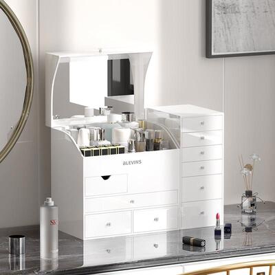 白色高级感化妆品收纳盒轻奢大容量护肤品收纳盒防尘化妆台置物架