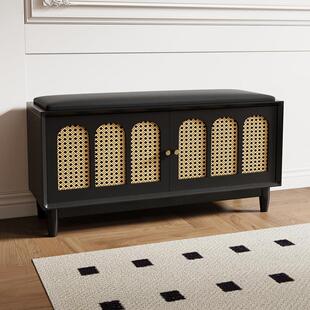 换鞋凳实木腿家用入户门口可坐鞋柜收纳黑色藤编轻奢高级感穿鞋凳