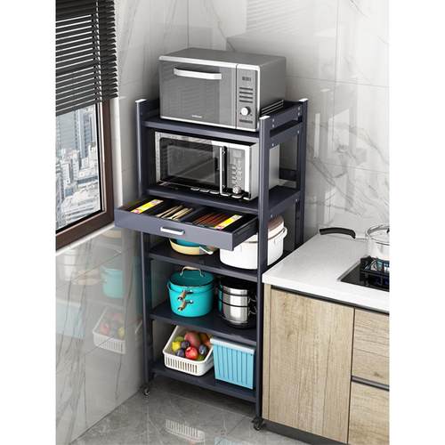太空铝厨房置物架多层落地储物柜微波炉烤箱收纳柜带轮锅架可移动