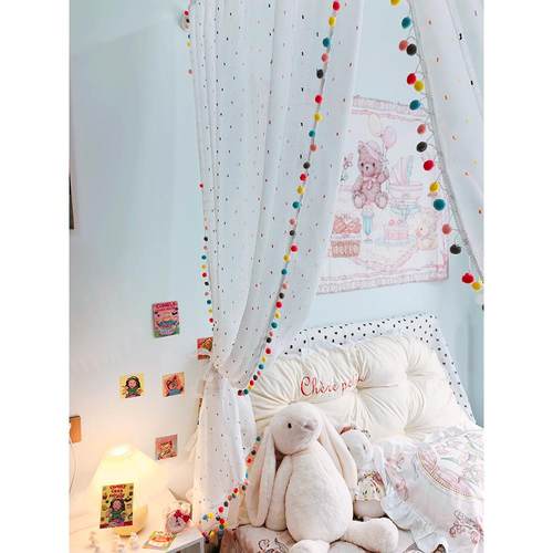 卧室床对门隔断帘彩球花边布帘遮挡帘柜子自粘门帘子屏风免打孔