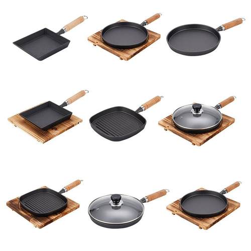 木柄平底条纹烤肉煎锅商用烧烤盘牛排铁板烧盘家用单柄不粘烤盘