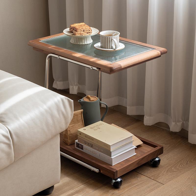 拾影木筑 黑胡桃实木边几 可移动沙发角几小茶几 现代简约小推车