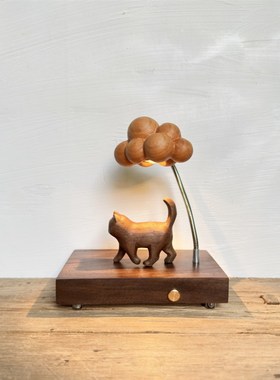 原木风木雕猫咪小众卧室床头民宿创意礼品装饰氛围木质摆件小夜灯