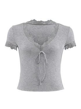 ooh itch痒痒 法式蕾丝v领短袖t恤女白色修身性感绑带紧身上衣