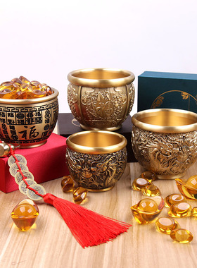 招财进宝百福铜缸纯黄铜米缸聚宝盆摆件客厅家居聚财小铜盆存钱罐