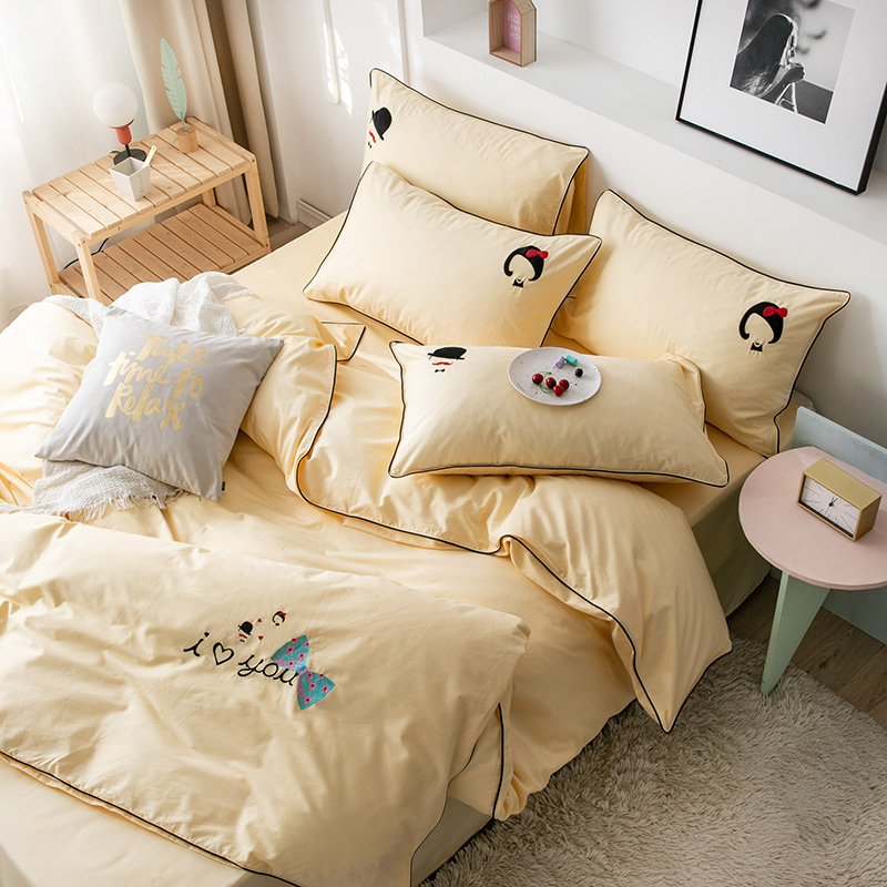 四件套全棉纯棉小清新可爱情侣床上床单被套淡黄色米黄色少女四季
