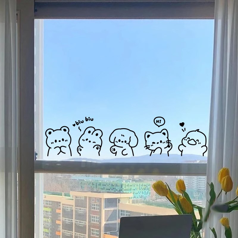 卡通可爱动物玻璃门窗户厨房抽屉垃圾桶创意装饰贴纸橱窗镜子墙贴