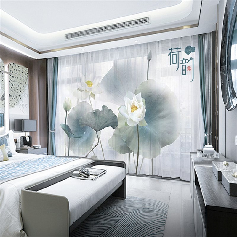 新中式荷花窗帘遮光禅意中国风古典水墨山水画客厅透光不透人纱帘