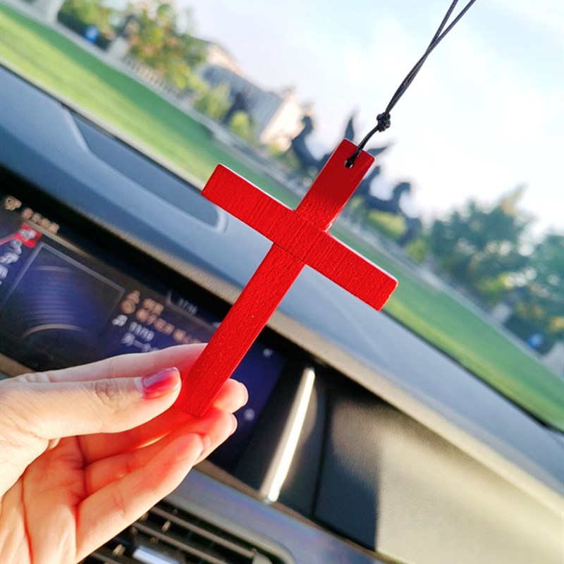 实木红色十字架汽车后视镜挂件 木质车内挂坠吊坠饰品男女小挂饰