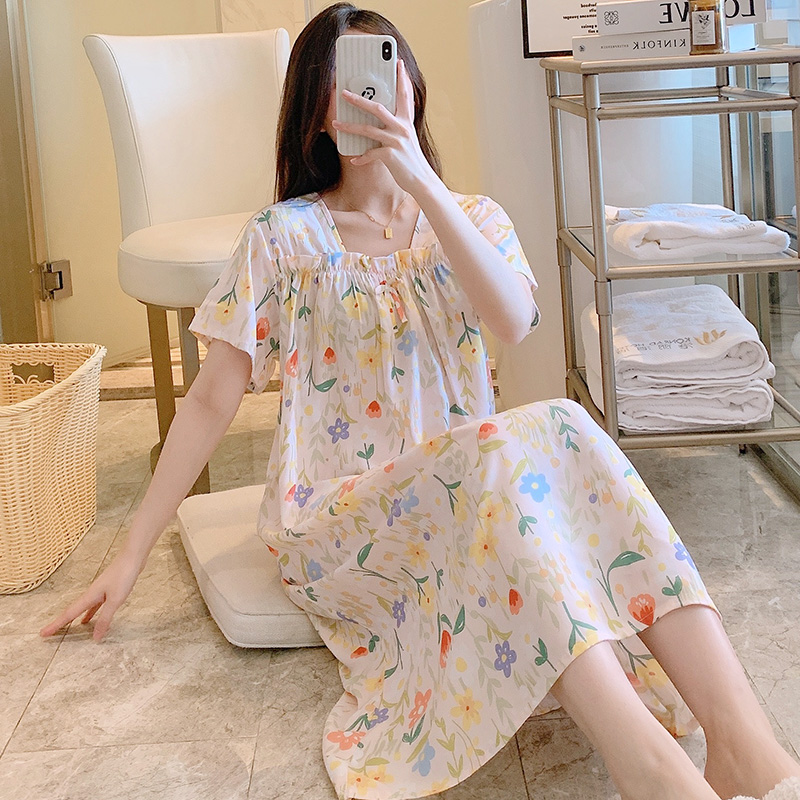 夏季棉绸睡裙女性感薄款短袖睡衣绵绸连衣裙大码可外穿学生家居裙