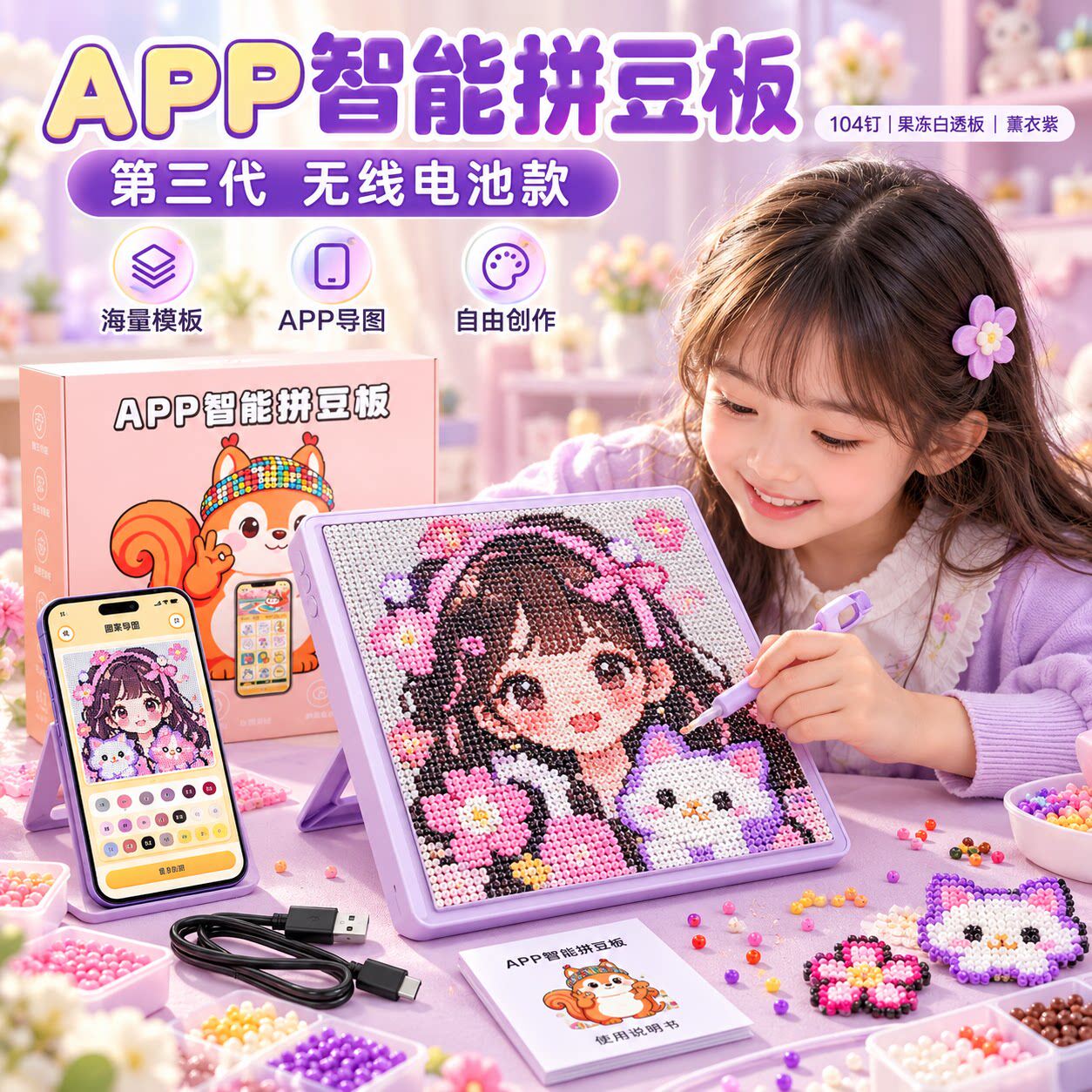 2026新款电子智能拼豆板led三代不伤眼2.6mm专用104钉大号材料包