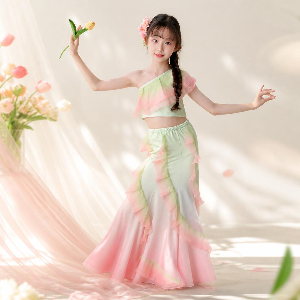 新款儿童傣族舞蹈演出服练功裙鱼尾裙孔雀舞表演服装女童艺考舞裙