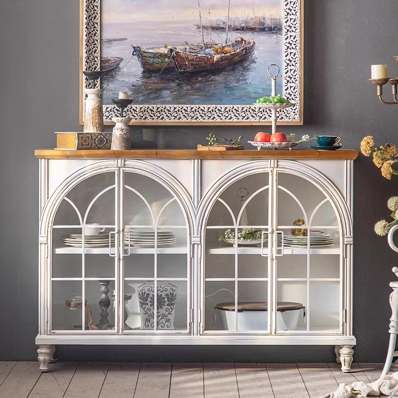 法式餐边柜白色复古玻璃柜子展示柜家用客厅靠墙落地实木拱形书柜