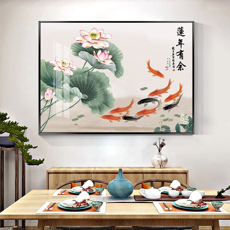新中式餐厅装饰画饭厅餐桌挂画荷花横版客厅墙壁画歺厅玄关九鱼图