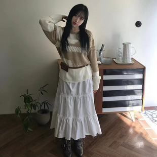 GLOWNY压褶花边低腰半身裙春夏休闲显瘦INS韩系Jennie同款长裙