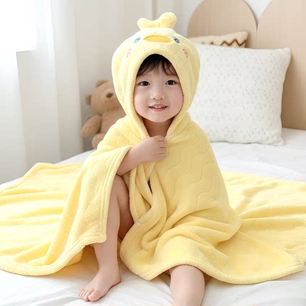 唯相印儿童浴巾带帽卡通小鸭珊瑚绒加厚吸水速干洗澡浴袍四季通用