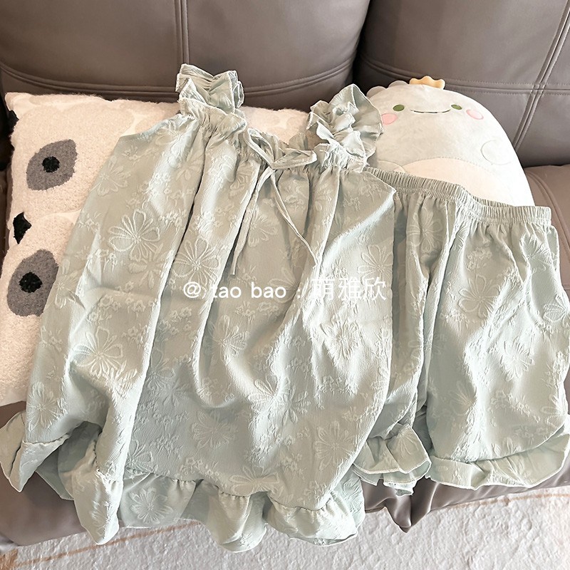 绿色睡衣女款夏季棉纱吊带短裤套装少女性感套头夏天可外穿家居服