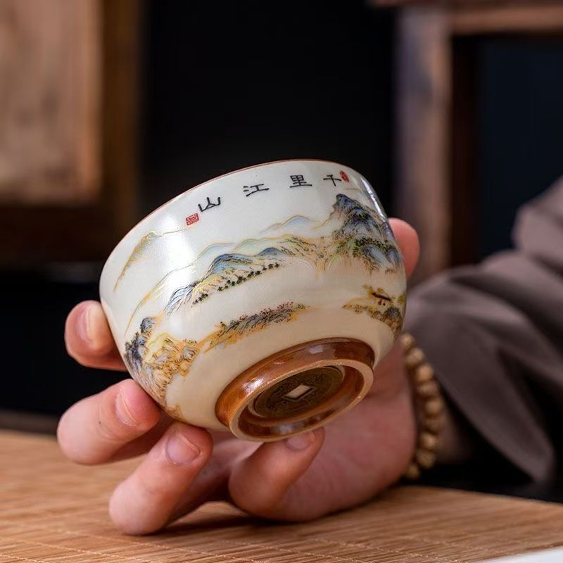 黄汝窑千里江山铜钱禅定杯主人杯茶杯品茗杯茶盏茶具家用单人茶杯