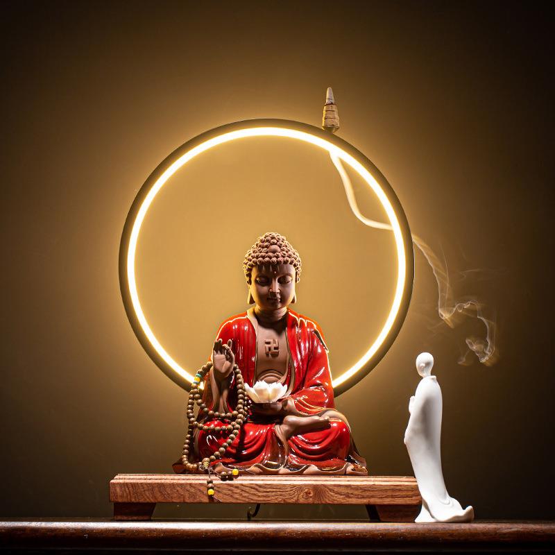 新中式陶瓷释迦牟尼佛祖灯圈摆件大日如来佛佛像家居镇宅