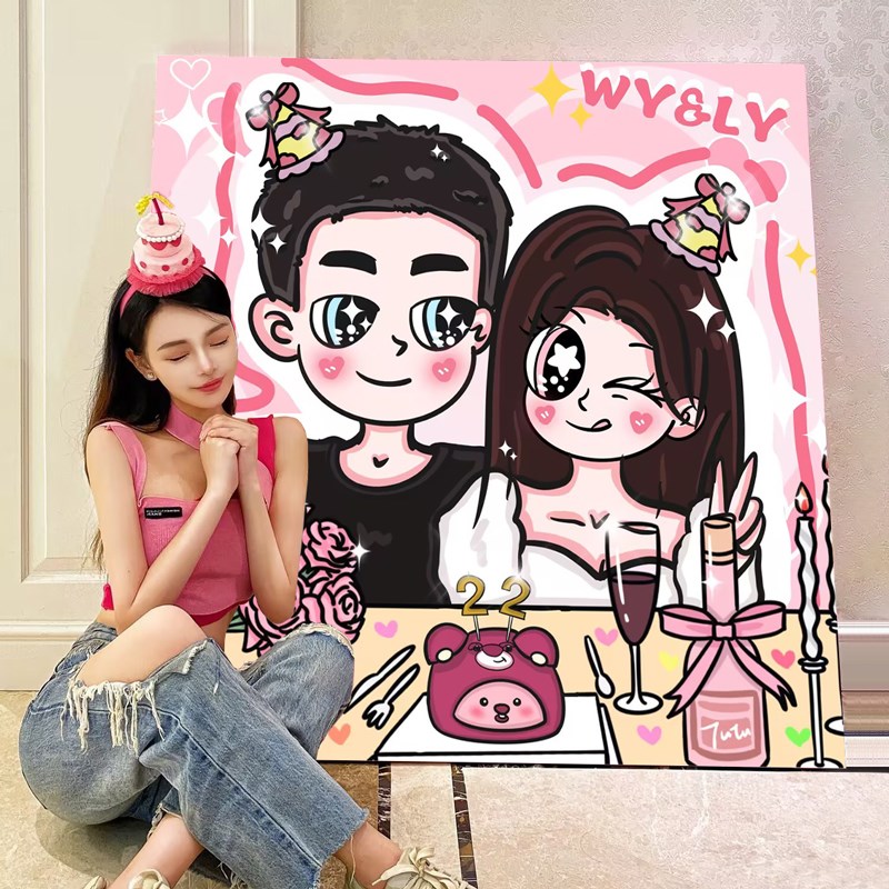 星蝶公主手绘装饰画油画照片定制卡通人物头像送闺蜜情侣结婚礼物图片