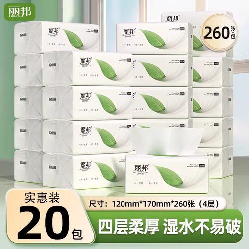 丽邦抽纸260张*20包家用实惠装纸巾卫生纸餐巾纸抽擦手面巾纸面纸