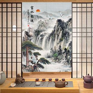中式山水画 画门帘家用卧室厕所遮挡挂帘茶馆装饰布帘半帘隔断免
