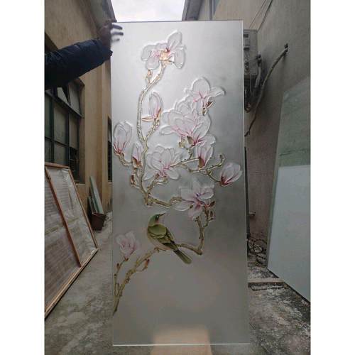 定制钢化艺术玻璃隔断屏风玄关客厅入户门厅玄关隔断玻璃花鸟