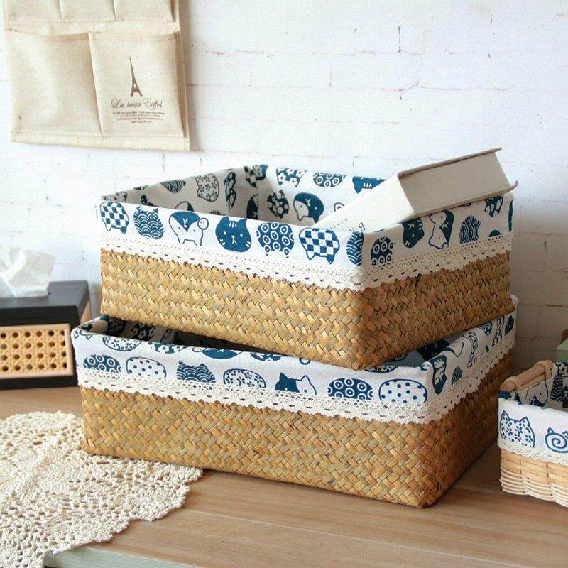 藤编竹编草编织收纳盒猫咪布艺带盖收纳篮子茶几电视柜零食收纳筐