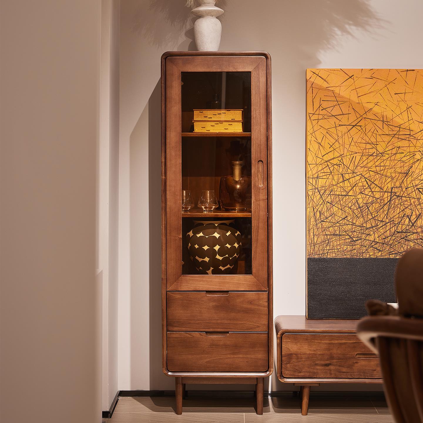 黑胡桃木全实木边柜小户型客厅家用展示书柜收纳柜餐柜玻璃酒柜