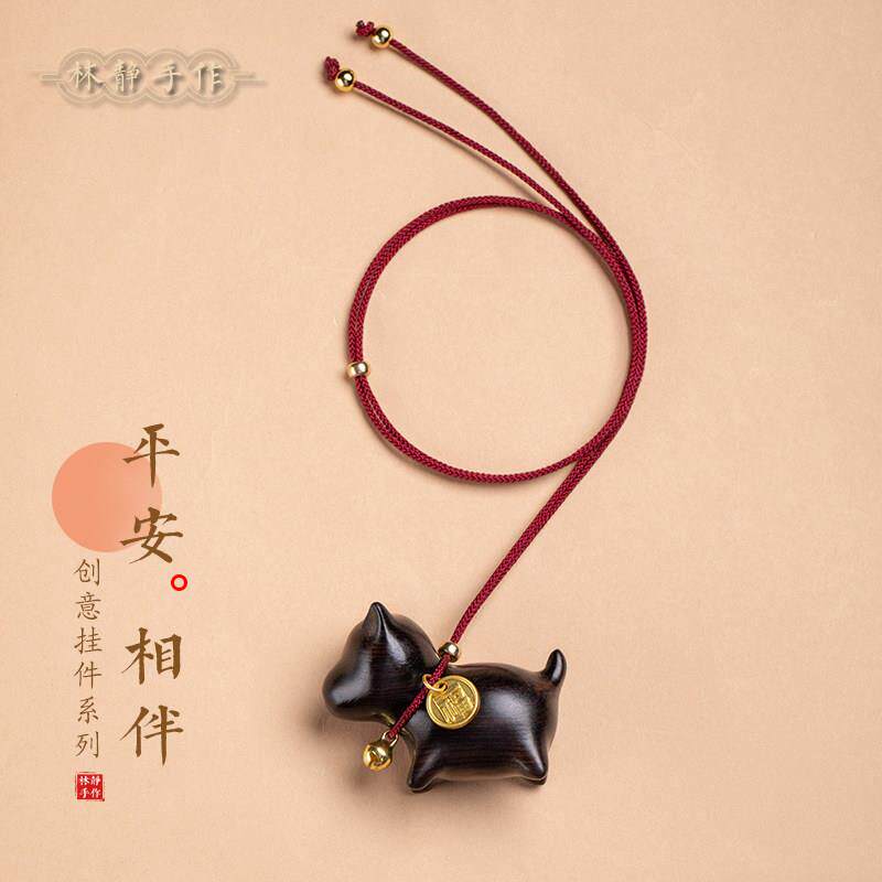 可爱小狗摆件黑檀绿檀木小黑狗车载挂件手把件迷你木雕木制吉祥物