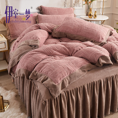 冬季牛奶绒床裙四件套加厚双面z法兰绒床单被套床罩珊瑚加绒公主