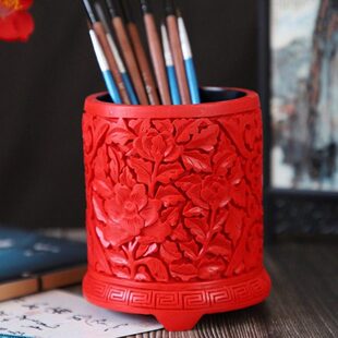 漆北京漆剔漆雕红笔筒特色工艺品摆件中国红器笔筒雕出国礼品包邮
