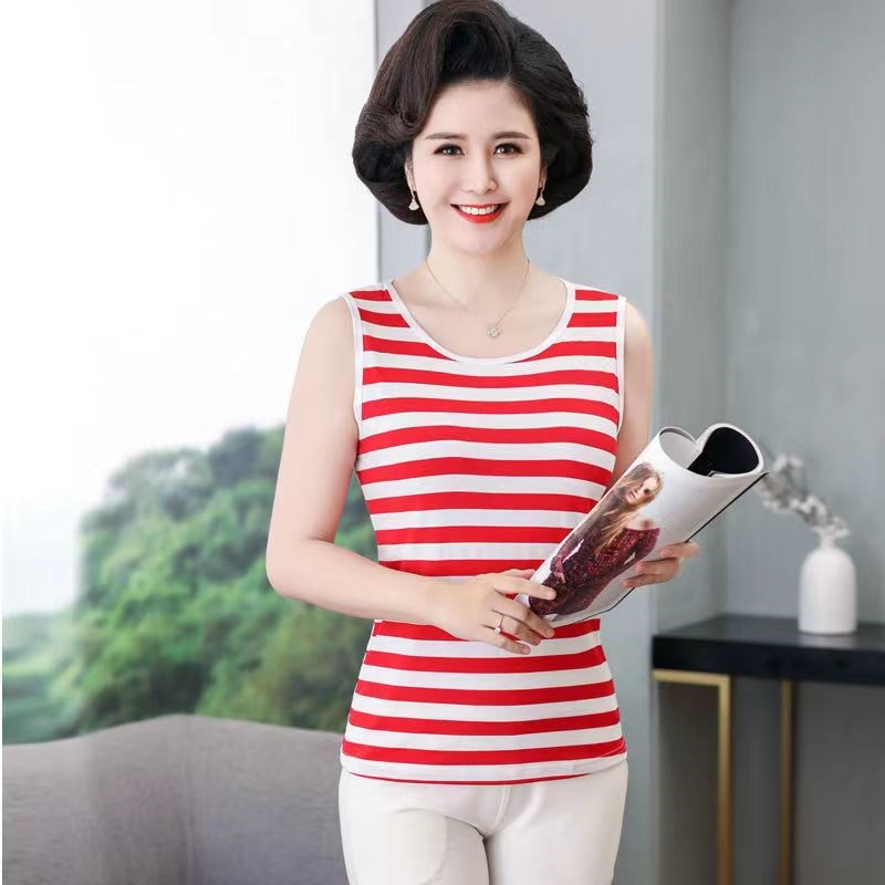中老年人女装无袖条纹T恤纯棉夏无袖汗衫内搭吊带背心妈妈款外穿