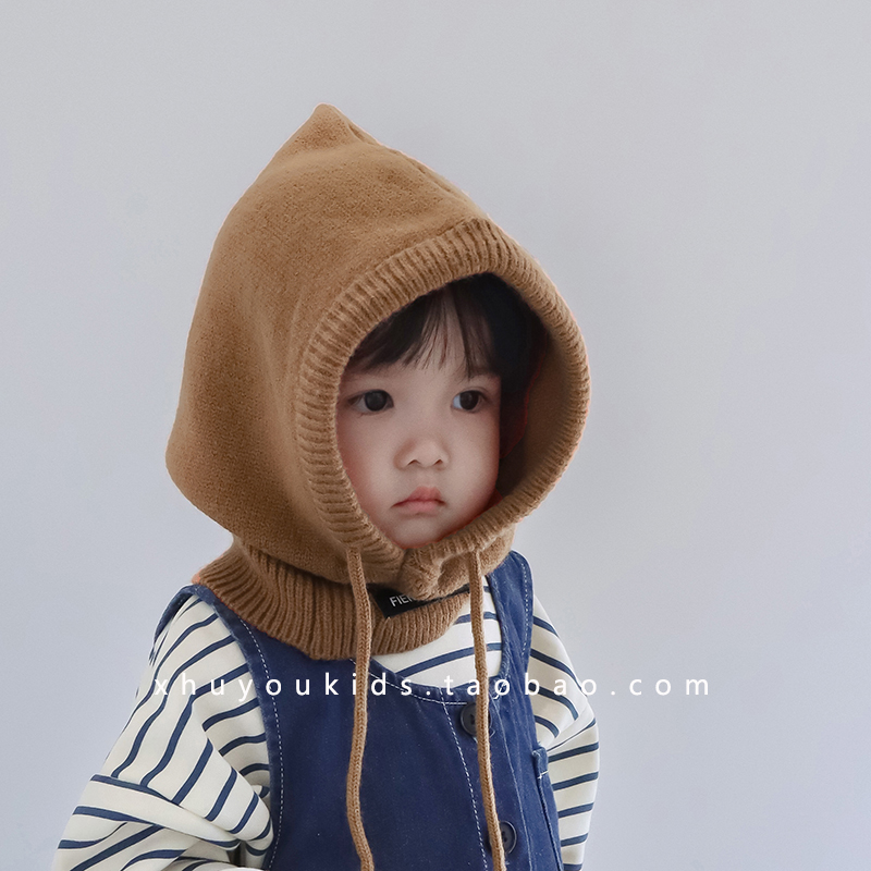 宝宝帽子秋冬系带针织帽男女童套头帽冬季儿童保暖护耳围脖一体帽