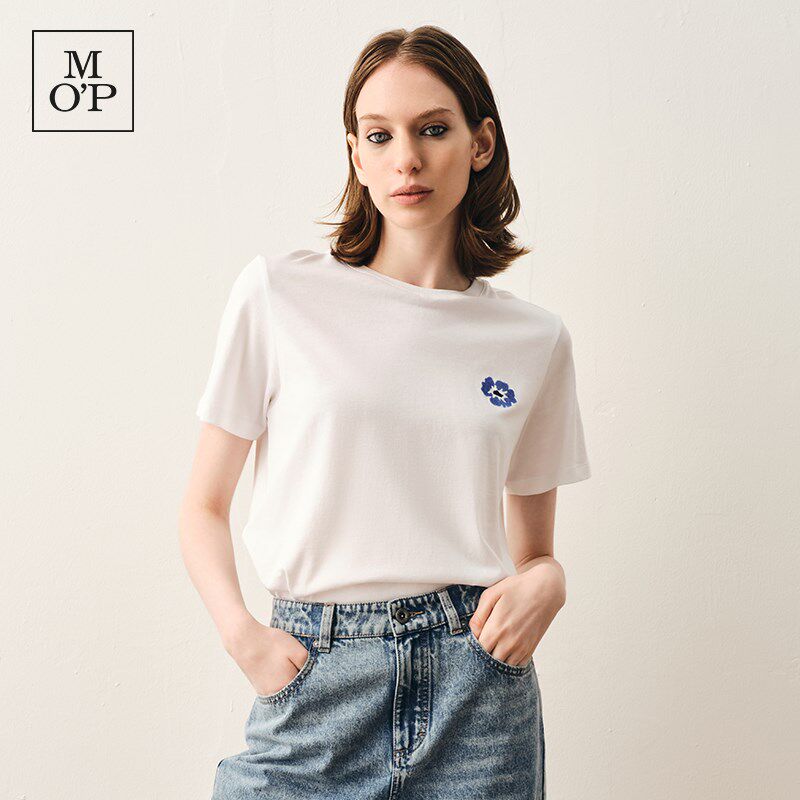 Marc OPolo/MOP 2024夏季新款纯棉胸前绣花圆领透气短袖T恤女士