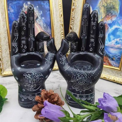 树脂杯蜡烛台黑色手OK造型太阳月C亮眼睛花纹香插薰香摆件居家欧
