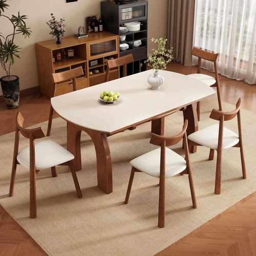 复古中古风实木岩板餐桌椅组合高端客厅家用小户型可变圆吃饭桌子