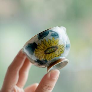 拓土冰片釉纯手绘向日葵高足花瓣杯主人杯单个陶瓷茶杯家用品茗杯