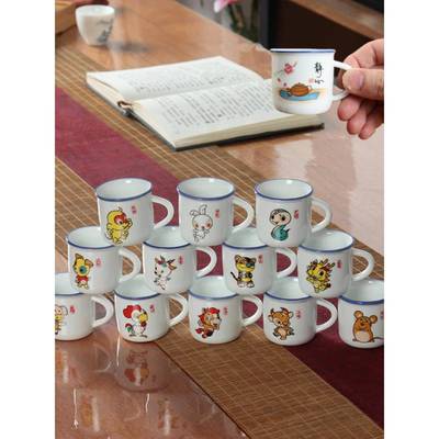 迷你陶瓷功夫茶杯带把手套装防烫 6只装白瓷品茗小口杯怀旧小茶缸