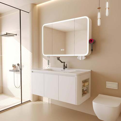 奶油风蜂窝铝浴室柜组合化妆室陶瓷一体洗手洗脸盆带边柜美妆镜柜