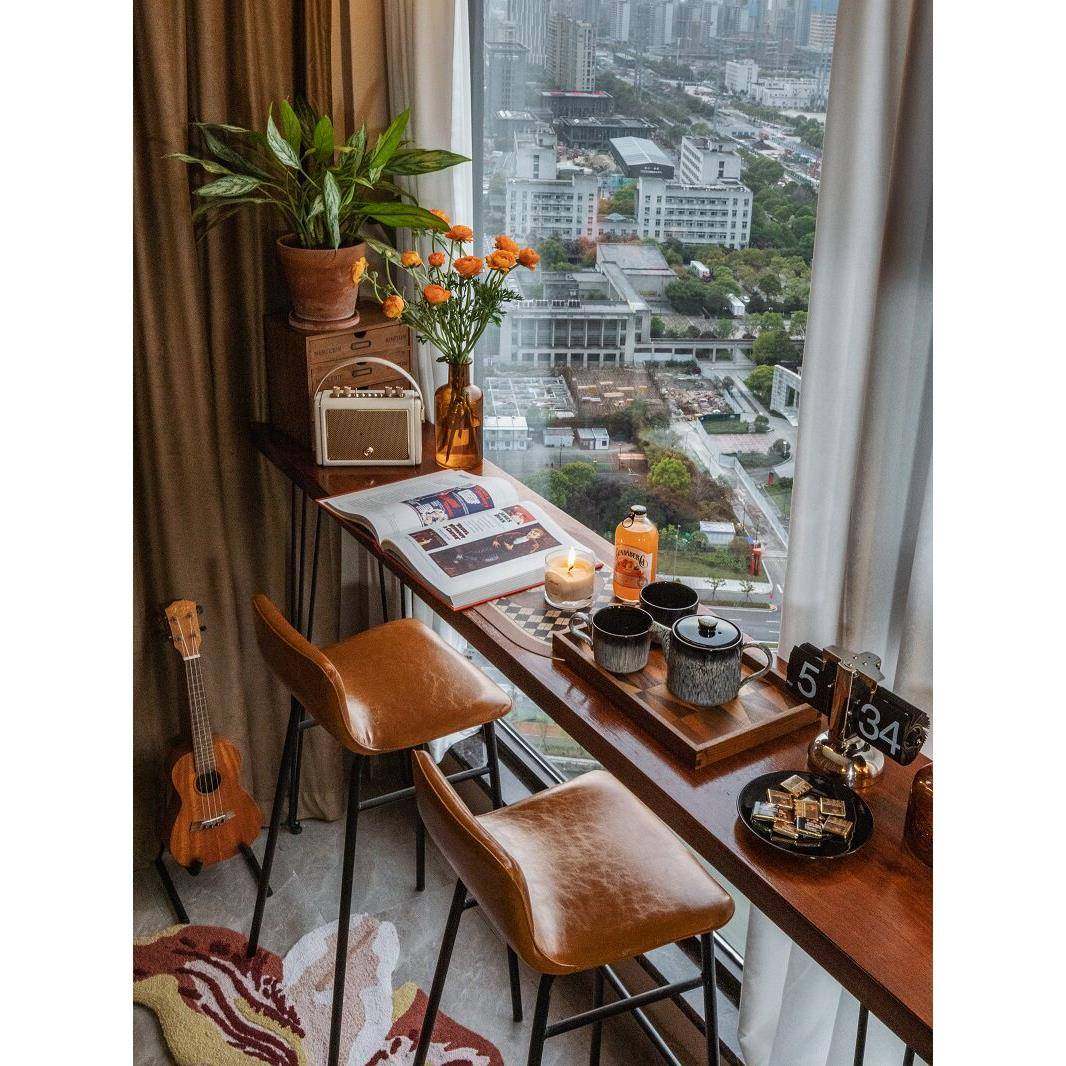 苍崎阳台实木吧台桌家用小吧台铁艺靠墙长条桌客厅酒吧台高脚桌子