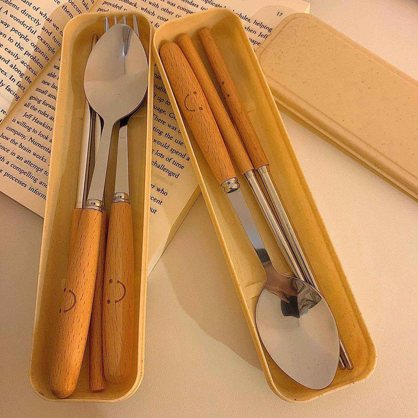 餐具套装木质筷子勺子不锈钢叉子三件套一人用儿童学生便携收纳盒